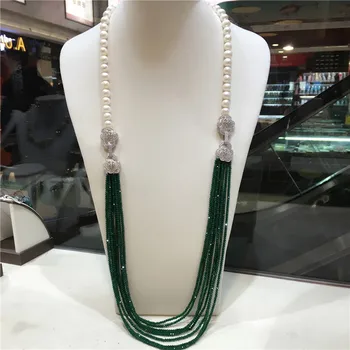 Karstā pārdot dubulti, ir 9 -10 mm, balta saldūdens pērļu kaklarota, zaļa akmens daudzslāņu garš džemperis ķēdes modes rotaslietas