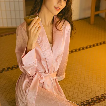 Karstā Pārdošanas Rozā Rudens Satīna Kimono Peldmētelis Sievietēm, Līgava, Līgavas Kāzu Tērpu Kleita Sexy Kleita Ar Garām Piedurknēm Sleepwear