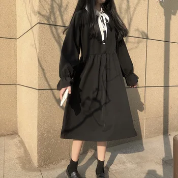 Kawaiii Lolita Harajuku Ielas Modes Zaudēt Japāņu Salds Ilgi Polo Apkakli, Melns Ar Garām Piedurknēm Kleita Sievietēm