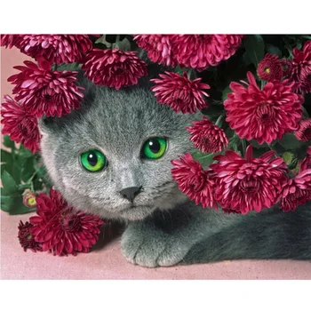 Kaķis ziedu DIY dimanta krāsošana kaķis dzīvnieku dimaond izšuvumi pilna urbt catdiamond krāsošana mozaīkas pilna kārtas urbt kaķis vadītājs