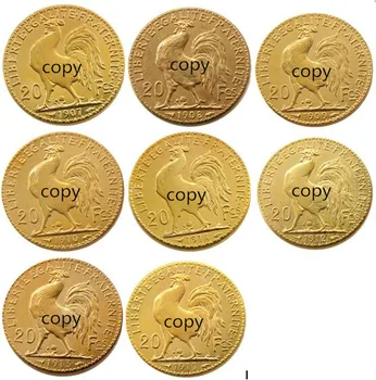 Komplekts(1907-1914) 8pcs Francija 20 Franku Gailis Zelta Pārklājumu Kopēt Monētas