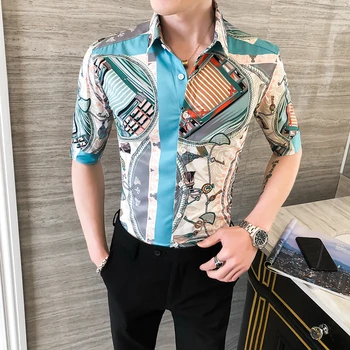 Korejas Vasaras Drukāt Krekls Vīriešu Modes 2020. Gadam Puse Piedurknēm Vīriešu Ikdienas Krekli Slim Fit Visu Maču Puse/Balles Kleitu, Uzvalku Blūze Vīriešiem