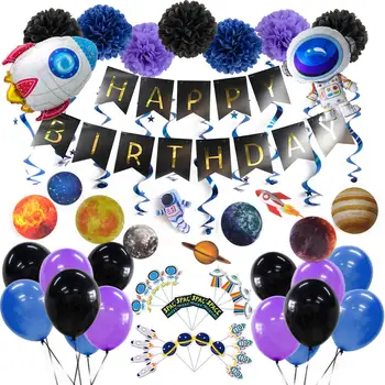 Kosmosā Dzimšanas Dienas Svinības Apdare Uzstādīt Saules Sistēma, Galaktikas Planētas Karājas Swirls Kūka Toppers Baloni Daudz Laimes Dzimšanas Dienā Banner