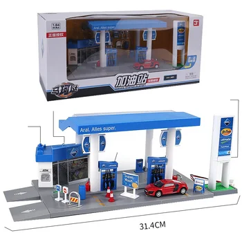 Labi Zināms, Degvielas uzpildes Stacija Skatuves Rotaļlietas Ar 1:64 Sakausējuma Automašīnu Vai Eļļas Tvertne BP/ /ARAL Ar Gaismām