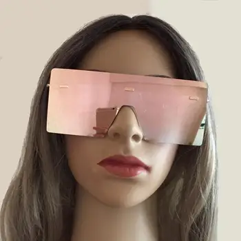 Lielgabarīta Vairogs Rāmji Atstarojošs Rozā Laukumā Saulesbrilles Sievietēm, Plakanu Pieri Spoguļa Brilles Modes Dizainere Liela Toņu lunette UV