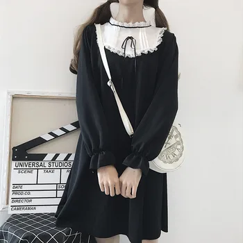 Lolita Japāņu Harajuku Vintage Gothic Lolita Kleitas Black Slim Stila Kleita