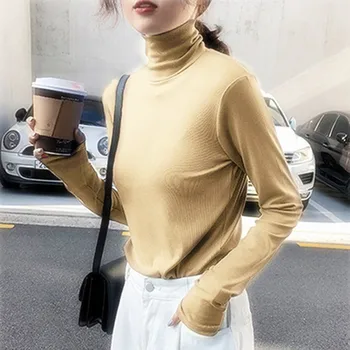 Long Sleeve T-krekli, Sieviešu Elegantu augstu uzrullētu apkakli Biroja Dāma Streetwear Visu maču Cēloņu Harajuku Vintage Sieviešu Topi Modes Šiks