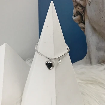 LouLeur 925 sterling sudraba agate pērle sirds rokassprādzes melnā agate sirds pērle lielā apaļā pērlīšu rokassprādzes sievietēm, rotaslietas, dāvanu