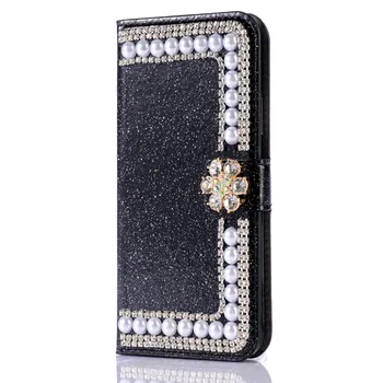 Luksusa Bling Rhinestone Pērle Spīdīgu Kartes Slots, Maks Flip Ādas Gadījumā iphone X XS MAX XR 12 11 Pro Max 6 7 8Plus 5S SE Capa