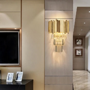 Luksusa dzīvojamās istabas sienas sconce apgaismojums zelta/chrome pulēta tērauda kristāla sienas lampas guļamistaba gaitenis led cristal sienas lampas