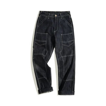 Maden Vintage Raw Denim Jeans Vīriešu Bikses Retro Indigo Mazgā Sraight Zaudēt Cieta Zila Sarkana Auss Džinsi Cusal vīriešiem