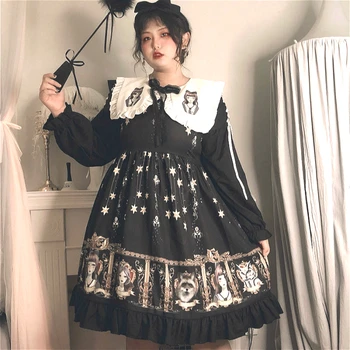 Melns Punk Gothic Lolita Op garām Piedurknēm Rudens/ziemas Liels Pluss, Izmērs 2xl 3xl 4xl Apaļš Tauku Meitene Anime Lolita Cosplay Kleitas