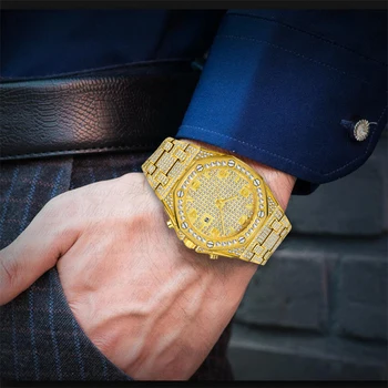 MISSFOX Gold Vīriešu rokas Pulksteņi Bling Bling Dizains 2020. Gadam Luksusa Klasiskās Dimanta Chronograph Watch Vīriešu Dropshipping rokas Pulkstenis Jaunas
