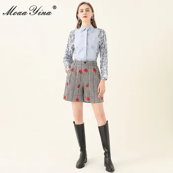 MoaaYina Modes Dizainere Uzstādīt Rudens Sievietes ar garām Piedurknēm Blūzes Topi žakete+šorti Ziedu Izšuvumu Trīs gabals, kas