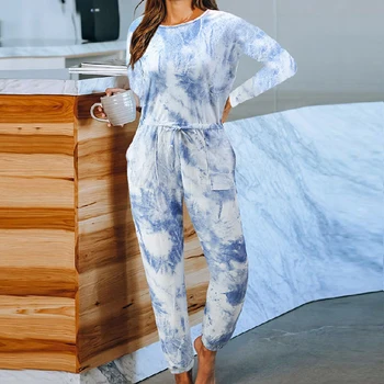 Modes Sievietes kaklasaišu krāsošanas Gabals Pidžamu ar garām Piedurknēm Zaudēt Elastīgs Viduklis Sievietēm Homewear Mīksto O Kakla Rudens Sleepwear