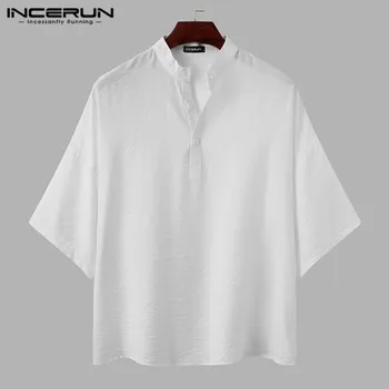 Modes Vīriešu Krekls Stand Apkakli Pusi Piedurknēm vienkrāsainu Ikdienas Topi Streetwear Ir 2021. Vaļēju Pogu, Camisa Masculina S-5XL INCERUN