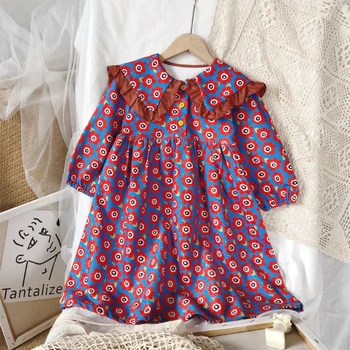Mudkingdom Meitenes Kleita Rudens Meiteņu Drēbes ar garām Piedurknēm Ziedu Savirmot Bērnu Kleitas, Bērnu Drēbes