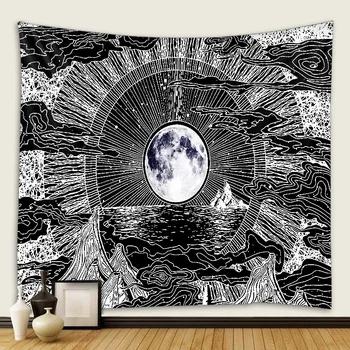 Mēness, zvaigznes, melnā un baltā mandala hippy hipodroms stila apdare gobelēns kopmītnē apdare karājas vairāki izmēri, audums