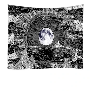 Mēness, zvaigznes, melnā un baltā mandala hippy hipodroms stila apdare gobelēns kopmītnē apdare karājas vairāki izmēri, audums