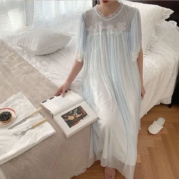 Mīksto Marles Kravu Sieviešu Nightgowns Balta Mežģīņu Marli Ilgi Sleepwear Elegants Sieviešu Vintage Princese Nakts Kleita