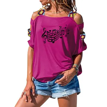 Mūzikas Piezīme Sirdis Vēstuli Izdrukāt, Hoodies Iespiests T Krekls Sievietēm Vasarā Īsām Piedurknēm Tshirts Meitene Sexy Dobi No Pleca T-Veida
