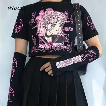 NYOOLO Harajuku liesmas Skumji Meitene burtiem Drukāt Augstā Vidukļa Īsām Piedurknēm T-Krekls sievietēm Vasarā streetwear hip hop, punk melns tops tee