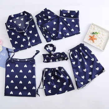Pavasaris, Vasara, Rudens Sieviete Pidžamas Komplekts Linga Pidžamu 7 Peices Sleepwear Sievietēm ar garām Piedurknēm Elpojošs Sexy Drēbes Homewear