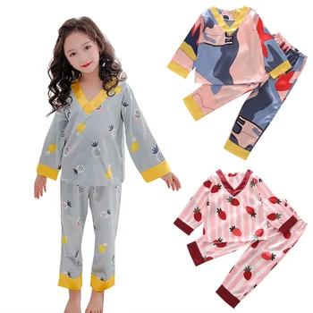 Pavasarī, Vasarā Meitenes Zīdaini Pidžamu ar garām Piedurknēm Bērnu Sleepwear Uzstādīt Zemeņu Drukāt Naktsveļu Komplekts