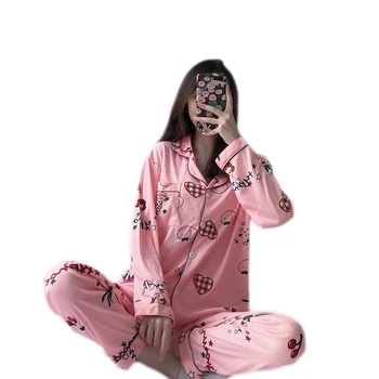Pidžamas Sieviešu Rudens Sleepwear Mākslīgās Zīda Satīna Pijama Mājās Pakalpojumu Uzvalku ar garām Piedurknēm Naktsveļu Jaciņa
