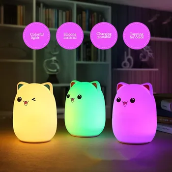 Pieskarieties Sensora Krāsains Kaķis LED Nakts Gaisma Tālvadības pults USB RGB Silikona Uzlādējams Guļamistabas Gultas Lampa Bērniem Baby