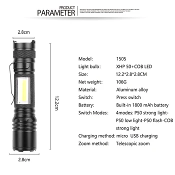 Portatīvo XHP50 LED Lukturīti, Teleskopiskie Tālummaiņas Pen gaismas Kempings Gaismas COB Darba Lukturi ar Sānu Gaismas USB Lādējamu Akumulatoru