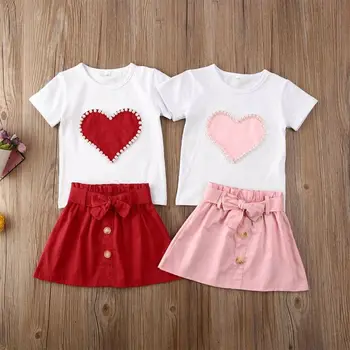 Pudcoco Baby Toddler Meitene Drēbes, Persiks Sirds Print T-Krekls Topi Bowknot Svārki 2gab Tērpiem Kokvilnas Apģērbs Vasaras