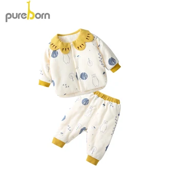 Pureborn Jaundzimušā Apģērbu Komplekts Mētelis+Bikses 2gab Ziedlapiņu Apkakli, garām Piedurknēm Sabiezēt Tērpiem Toddler Zēnu un Meiteņu Kostīmi Pavasarī Ziemas