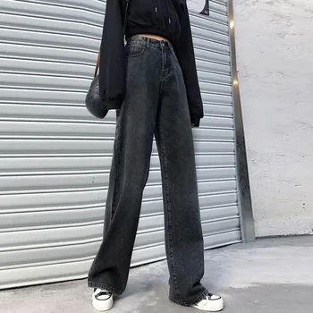 Retro Sieviete Džinsi 2020. Gadam, Modes Harajuku Vintage Augsta Vidukļa Biksēm Korejas Šiks Zilā Streetwear Plaša Kāju Džinsa Bikses Apģērbs