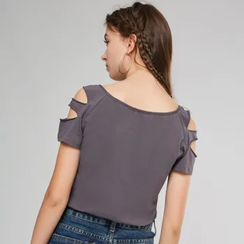 Rosetic Ripped Tshirt Vasaras 2020. Gadam Sexy Lakrosa Sieviešu T-Krekls Pie Pleca ar Īsām Piedurknēm Melnā Gothic Streetwear Zilā Caurumi Topi