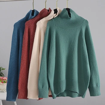 Rudens un ziemas dāmas trikotāžas augstu apkakli, rīsi, kašmira svīteris vaļīgi gadījuma pamata džemperis džemperis ar garām piedurknēm