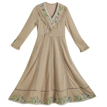 Rudens Ziemas Kleitu Sieviešu Vintage Elegants Slim Midi Kleitu Izšūšanas ar garām Piedurknēm Gadījuma Spīdīga zelta diegus Adīta Gara Kleita