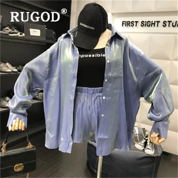 RUGOD Modes Slīpums divi gabali tērps sievietēm korejas Prožektors, savukārt apkakles krekli & augstums vidukļa sieviešu bikses tracksuit