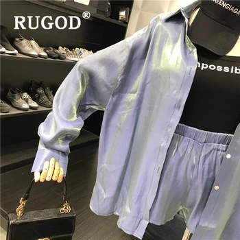 RUGOD Modes Slīpums divi gabali tērps sievietēm korejas Prožektors, savukārt apkakles krekli & augstums vidukļa sieviešu bikses tracksuit