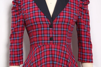 Sarkanā Skotijas Pleds 50.gadu Retro Šūpoles Vintage Kleita, 3/4 Piedurknes Pogu Sieviešu Rudens Elegants Offfice Robots Kokvilnas Kleita Vestidos