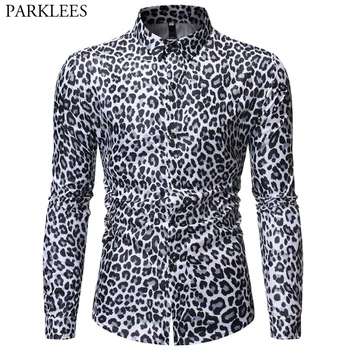 Savvaļas Leopards Izdrukāt Krekls Vīriešiem, Nakts Klubs, Deju Grupa Vīriešu Ar Garām Piedurknēm Krekli Slim Fit Gadījuma Sociālo Streetwear Camisa Masculina
