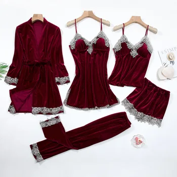 Seksīga Mežģīņu Naktsveļu Pidžamu Uzvalks Intīmas Apakšveļa Sievietēm, Velūrs Miega Komplekts 5GAB Kimono Drēbes Samta Mīksto Homewear Sleepwear