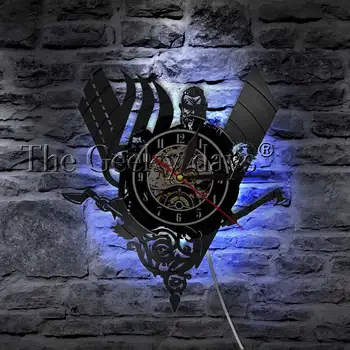 Seno Skandināvu Vikingu Vintage Dizaina Izgaismotas Sienas Pulkstenis Vikingu Karotājs Ieroči, Kaujas Cirvi, Mājas Dekoru, Sienas Mākslas LED Lampas