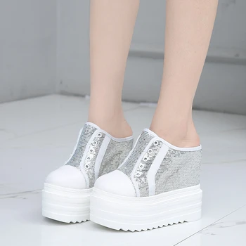 Sequin Ķīlis Papēži Sieviešu sporta kurpes Platformas korejiešu Stila Apavi Čības Sieviešu Kurpes Gadījuma Platformas Dāmas Kurpes un Sandales