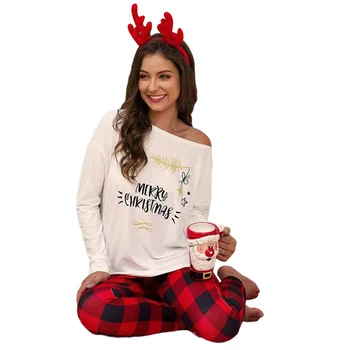Sievietes Vēstuli Top Pleds Bikses Ziemassvētku Tērps Apaļā Apkakle Krekls Ar Garām Piedurknēm Zaudēt Elastīgs Pidžamas Komplekts Drēbes Mājās Gulēt Valkā