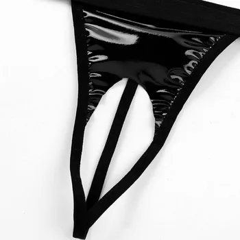 Sieviešu Erotiskā Mākslīgās Ādas Apakšveļas Porno Naktsveļu Slapjš Izskatās, Mikro Bikini Komplekts Sexy atvērtais Kauss Krūšturis Top ar Crotchless String Biksītes