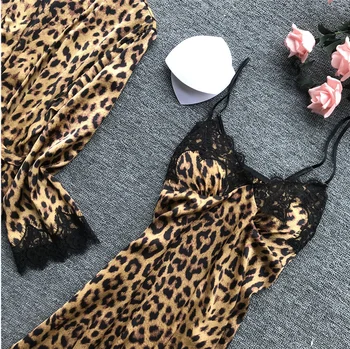 Sieviešu Pidžamas Komplekts Satīna Leopard Pidžamu Peldmētelis Šorti Camis Topi Sleepshirts 4gab Nightdress Dāmas Sleepwear Pijama Mujer