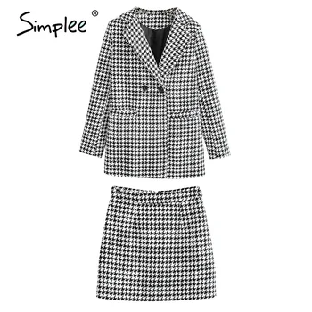 Simplee Modes Pleds sieviešu uzvalks divas gabals Birojs sieviešu garām piedurknēm īsi svārki uzvalks Rudens vienas pogas uzvalkā 