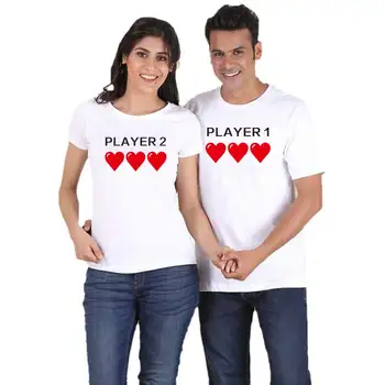 Spēlētājs 1 2 Pāris matching t krekls mīļotājiem draugs un draudzene, sieviešu topi drukāt kokvilnas vasaras t krekls mīlestību sirdī, korejiešu