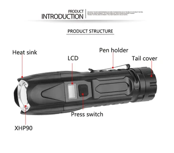 Super Spilgti XHP90 LED Lukturīti XLamp Taktiskās ūdensizturīgs Lāpu Smart kontroles čipu, Ar grunts uzbrukums konuss USB lādējamu
